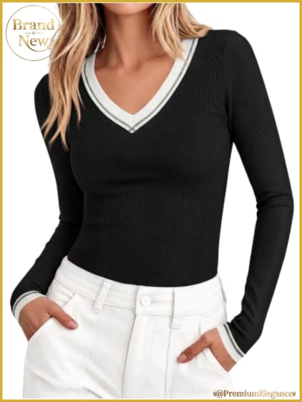 Women's V-Neck Long Sleeve Ribbed Knit T-Shirt Slim Fit Fall Top